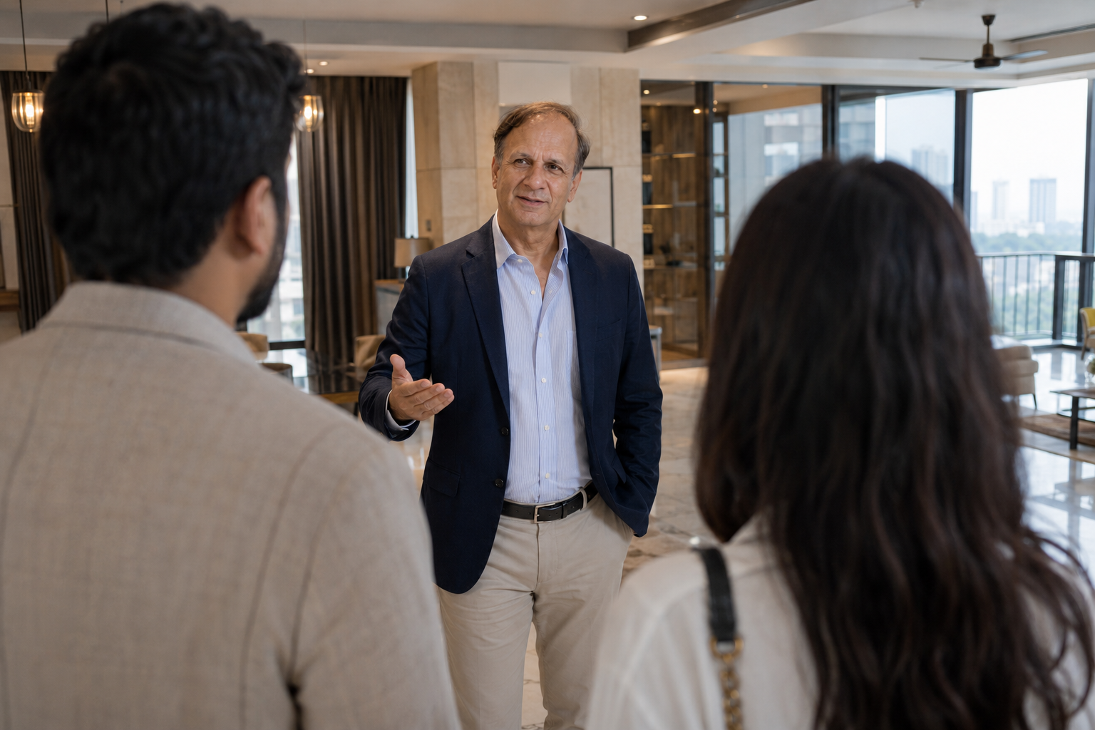 Keshav Kaushik speaking with clients in a private interior setting